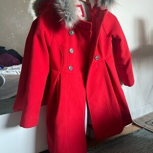 Cat & Jack Vibrant Red Pea Coat with Faux Fur Hood